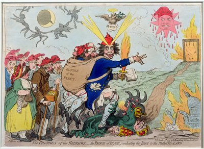 The Prophet of Hebrews: Prince of Peace routing Židy do zaslíbené země, publikovala Hannah Humphrey v roce 1795 (ručně kolorovaný lept) od James Gillray