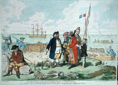Skutečná příčina současných vysokých cen potravin, vydala Hannah Humphrey v roce 1795 (ručně kolorovaný lept) od James Gillray