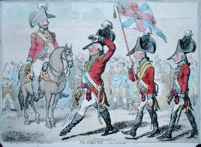 The Salute, nebo The Parade, publikovala Hannah Humphrey v roce 1797 (ručně kolorovaný lept) od James Gillray