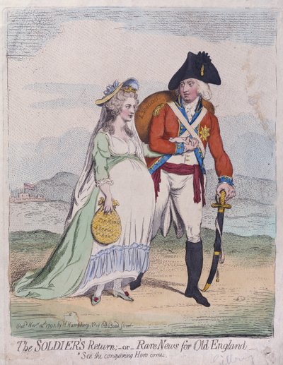 Vojáci se vracejí, aneb Rare News for Old England, publikovala Hannah Humphrey v roce 1791 (ručně kolorovaný lept) od James Gillray