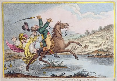 Zvuk rohu aneb Nebezpečí jízdy na starém lovci, vydaný Hannah Humphrey v roce 1807 (ručně kolorovaný lept) od James Gillray