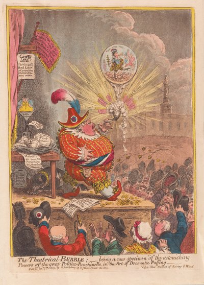 Divadelní bublina: být novým exemplářem úžasných sil velkého Politico-Punchinella v umění dramatického nafukování, hospoda. 1805 (ručně kolorovaná rytina) od James Gillray