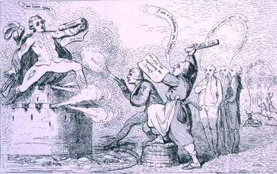 The Theatre War, vydané nakladatelstvím S.W. Fores v roce 1787 (lept) od James Gillray