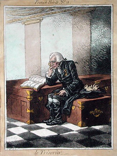 Pokladník, deska 11 z knihy "Francouzské zvyky" vydané Hannah Humphreyovou v roce 1798 (kolorovaný lept) od James Gillray