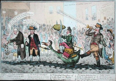 Triumfální průvod malého Paula Taylora na jeho nové huse, vydaný v roce 1806 (ručně kolorovaný lept) od James Gillray
