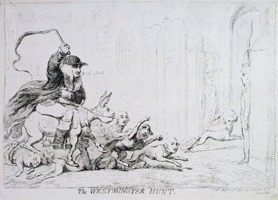 Westminsterský lov, vydaný v roce 1788 (ručně kolorovaný lept) od James Gillray