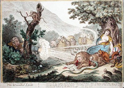 The Wounded Lion, publikoval Hannah Humphrey v roce 1805 (ručně kolorovaný lept) od James Gillray