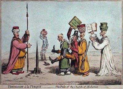 Theologie a la Turque, Bledost církve Mahomet, publikovala Hannah Humphrey v roce 1799 (ručně kolorovaný lept) od James Gillray