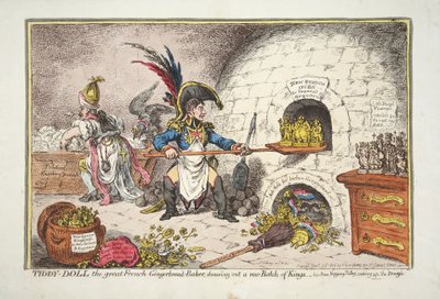 Tiddy-Doll, skvělý francouzský pekař perníků, kreslí novou dávku králů. - jeho Man Hopping Talley, míchání těsta, hospoda. 1806 (ručně kolorovaná rytina) od James Gillray