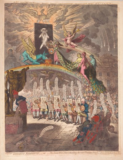 Titianus Redivivus aneb Sedm mudrců konzultujících nový Venetian Oracle, scéna v Academic Grove No.1, pub. 1797 (ručně kolorovaná rytina) od James Gillray