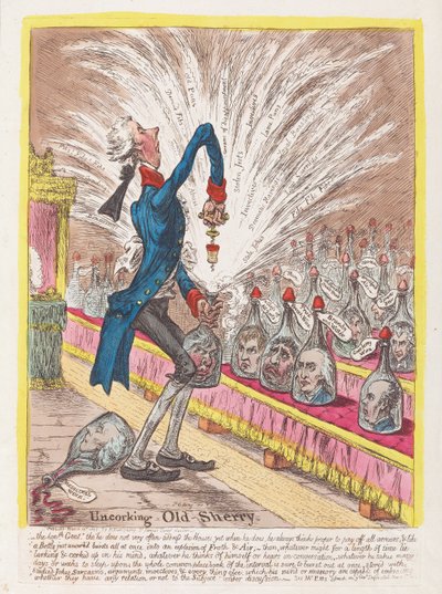 Odvíčkování Old Sherry, hospoda. 1805 (ručně kolorovaná rytina) od James Gillray