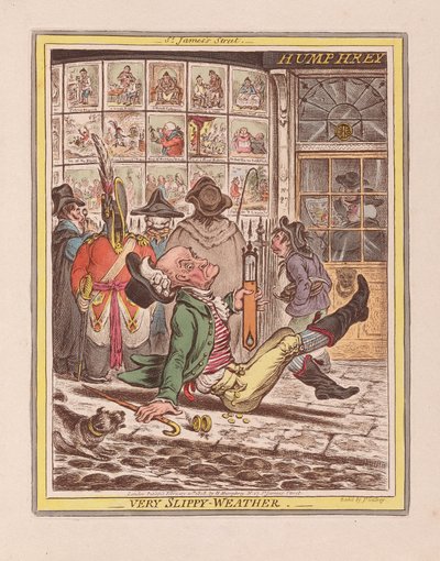 Velmi kluzké počasí, hospoda. 1808 (ručně kolorovaná rytina) od James Gillray