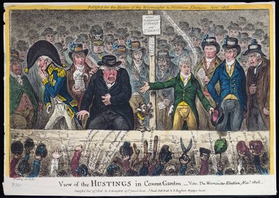 Pohled na Hustings v Covent Garden, publikovala Hannah Humphrey v roce 1806 (ručně kolorovaný lept s akvatintou) od James Gillray