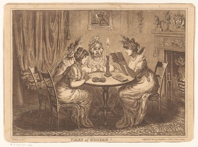 Žena čte hororový román Tales of Wonder! (název na objektu) od James Gillray