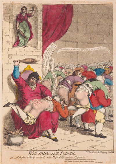 Westminsterská škola nebo Dr Busby vyřizování účtů s mistrem Billym a jeho spoluhráči, hospoda. 1785 (ručně kolorovaná rytina) od James Gillray