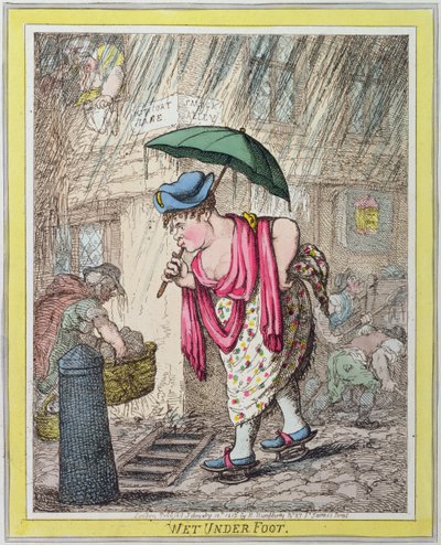 Wet Under Foot, vydané Hannah Humphrey v roce 1812 (ručně kolorovaný lept) od James Gillray