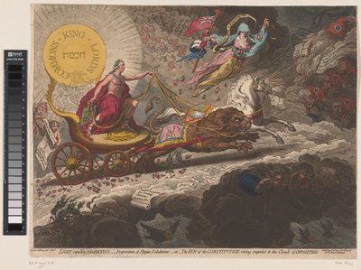 William Pitt verdrijft de duistere krachten, 1795 Světlo vypuzující temnotu, - vypařování stygských výdechů,-nebo- Slunce ústavy, vycházející nad oblaka opozice (název na předmětu) od James Gillray
