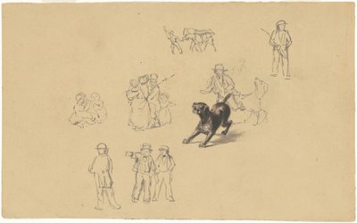 Štěkající pes a studie pro výcvik domobrany, cca 1841 (grafit) od James Goodwin Clonney