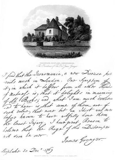 Dopis od reverenda Jamese Grangera a pohled na jeho rezidenci na Shiplake, 1769, 1840 od James Granger