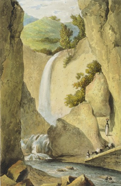 Vodopád na Návětrné cestě u Kingstonu, z knihy "A Picturesque Tour of the Island of Jamaica", vyryl Thomas Sutherland, 1824 od James Hakewill