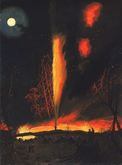 Hořící ropný vrt v noci, poblíž Rouseville, Pensylvánie od James Hamilton