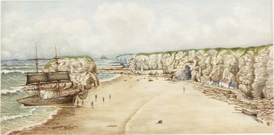 Brig na mělčinu v Marsden Rock (akvarel, tělová barva a tužka na papíře na kartičce)) od James Henry Cleet