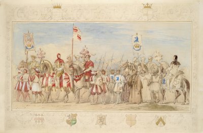 William hrabě z Cravenu, rytíř gryfa a Henry de la Poer Beresford, markýz z Waterfordu, rytíř draka, 1839 (tužka, čb, kvaš a zlatá barva na papíře) (viz také 366230) od James Henry Nixon
