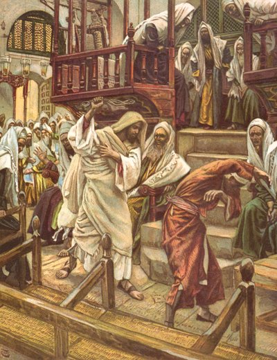Ježíš uzdravuje muže posedlého démonem v synagoze, ilustrace k „La Vie de notre Seigneur Jesus-Christ“, publikovaná v Tours 1896 od James Jacques Joseph Tissot