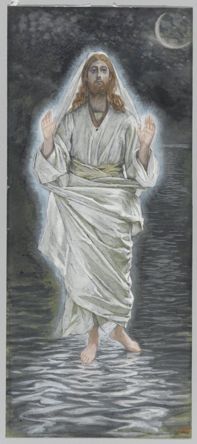 Ježíš chodí po moři, ilustrace ze Života našeho Pána Ježíše Krista (wc přes grafit na papíře) od James Jacques Joseph Tissot