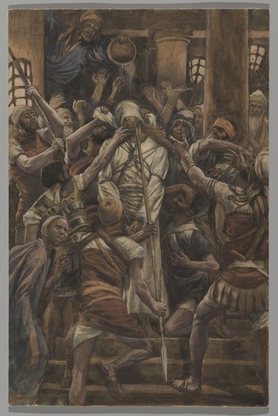 Týrání v domě Kaifáše, ilustrace ze Života našeho Pána Ježíše Krista, 1886-94 (wc přes grafit na papíře) od James Jacques Joseph Tissot