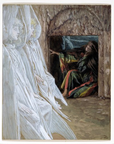 Marie Magdalena zpochybňuje anděly v hrobě, ilustrace pro Život Krista, kolem 1886-94 (wc a kvaš na kartonu) od James Jacques Joseph Tissot