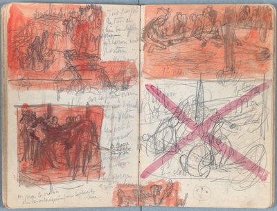 Stránky z alba Sketches for The Life of Our Lord Jesus Christ, pozdní 80. léta 19. století (grafit a praní na papíře) od James Jacques Joseph Tissot
