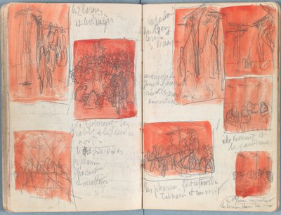 Stránky z alba Sketches for The Life of Our Lord Jesus Christ, pozdní 80. léta 19. století (grafit a praní na papíře) od James Jacques Joseph Tissot