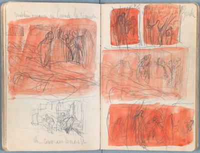 Stránky z alba Sketches for The Life of Our Lord Jesus Christ, pozdní 80. léta 19. století (grafit a praní na papíře) od James Jacques Joseph Tissot