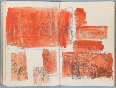 Stránky z alba Sketches for The Life of Our Lord Jesus Christ, pozdní 80. léta 19. století (grafit a praní na papíře) od James Jacques Joseph Tissot