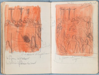 Stránky z alba Sketches for The Life of Our Lord Jesus Christ, pozdní 80. léta 19. století (grafit a praní na papíře) od James Jacques Joseph Tissot