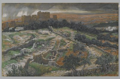 Rekonstrukce Golgoty a Božího hrobu, pohled od Soudní brány, ilustrace ze Života našeho Pána Ježíše Krista (wc přes grafit na papíře) od James Jacques Joseph Tissot