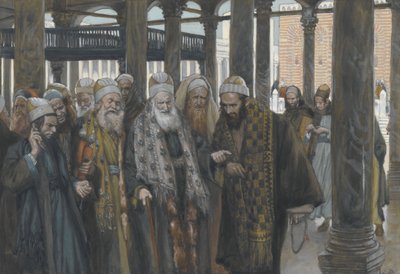 Hlavní kněží se společně radí, ilustrace ze Života našeho Pána Ježíše Krista, 1886-94 (wc přes grafit na papíře) od James Jacques Joseph Tissot