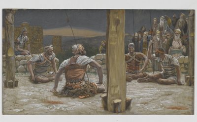 Čtyři strážci se posadili a sledovali ho, ilustrace ze Života našeho Pána Ježíše Krista, 1886-94 (wc přes grafit na papíře) od James Jacques Joseph Tissot