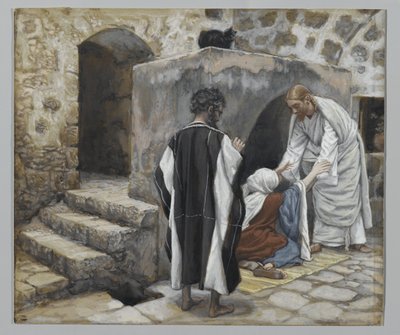 Uzdravení Peterovy tchyně, ilustrace ze Života našeho Pána Ježíše Krista (wc přes grafit na papíře) od James Jacques Joseph Tissot