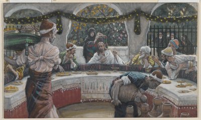 Jídlo v domě farizeje, ilustrace ze Života našeho Pána Ježíše Krista (wc přes grafit na papíře) od James Jacques Joseph Tissot