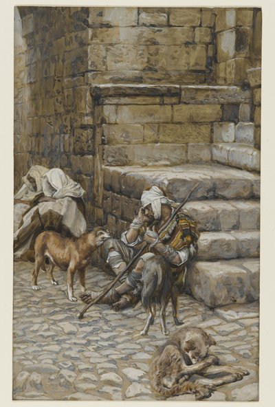 Chudý Lazar u dveří bohatých, ilustrace ze Života našeho Pána Ježíše Krista (wc přes grafit na papíře) od James Jacques Joseph Tissot