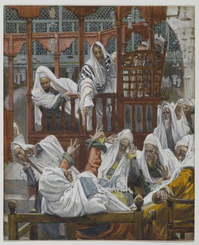 Posedlý muž v synagoze, ilustrace ze Života našeho Pána Ježíše Krista (wc přes grafit na papíře) od James Jacques Joseph Tissot