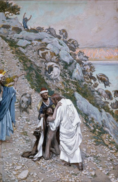 The Swine Driven into the Sea, ilustrace pro The Life of Christ, c.1886-94 (wc & kvaš na kartonu) od James Jacques Joseph Tissot