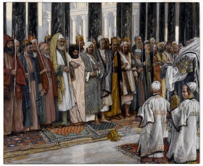 Zkoušení nápadníků Panny Marie, ilustrace pro Život Krista, cca 1886-94 (neprůhledné wc přes grafit na šedém tkaném papíře) od James Jacques Joseph Tissot