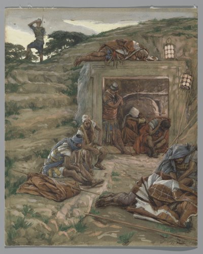 Stráž nad hrobem, ilustrace ze Života našeho Pána Ježíše Krista, 1886–94 (wc přes grafit na papíře) od James Jacques Joseph Tissot