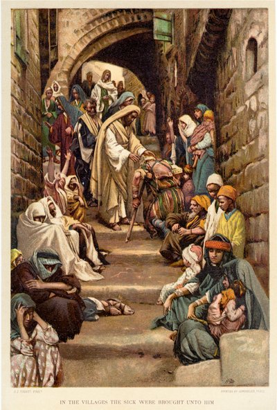 Ve vesnicích mu byli přinášeni nemocní - Bible od James Jacques Joseph after Tissot
