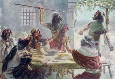 Saul vrhá oštěp na Jonathana - Bible od James Jacques Joseph after Tissot