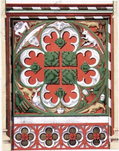 Podrobnosti o malovaném roodově zástěně v Dickleburgh Church, Norfolk, z „Gothic Ornaments“, vyryl J.R Jobbins od James Kellaway (after) Colling
