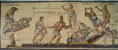 Římská mozaika zobrazující gladiátory bojující s různými zbraněmi. Galleria Borghese... od James L Stanfield